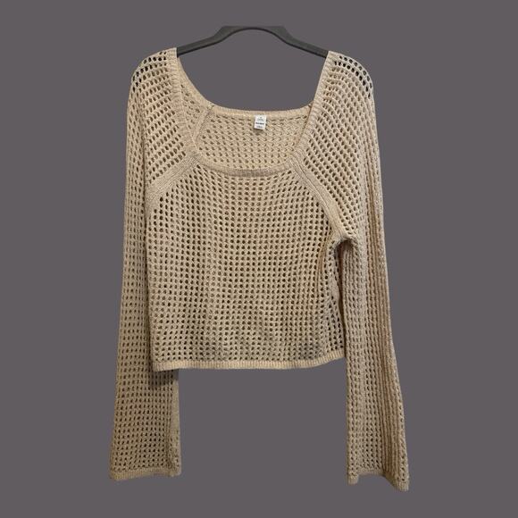 Old Navy Boho Fairy Open Stitch Knit Cropped Boucle Sweater Crochet Ivory M - Picture 8 of 9